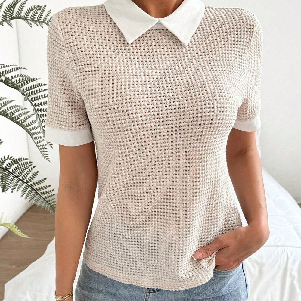 Apricot Casual Women's Contrast Color Turn-Down Collar Short Sleeve T-Shirt - Picture 4 of 8